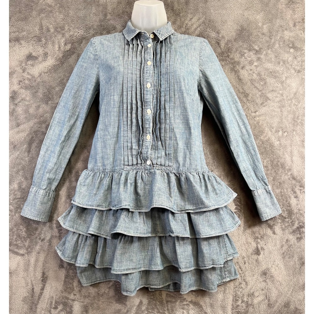 J Crew Chambray Pleated Pintuck Ruffle Mini Shirt Dress Sz 0 Light Wash Blue